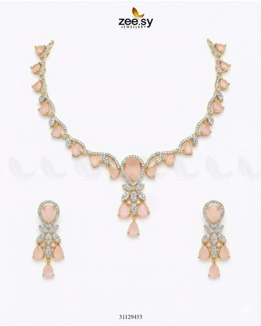 Golden Radiant Drop Necklace Set Golden Mint Pink Necklace Sets - Zeesy Jewellery Pakistan | Premium Artificial & Imitation Jewellery