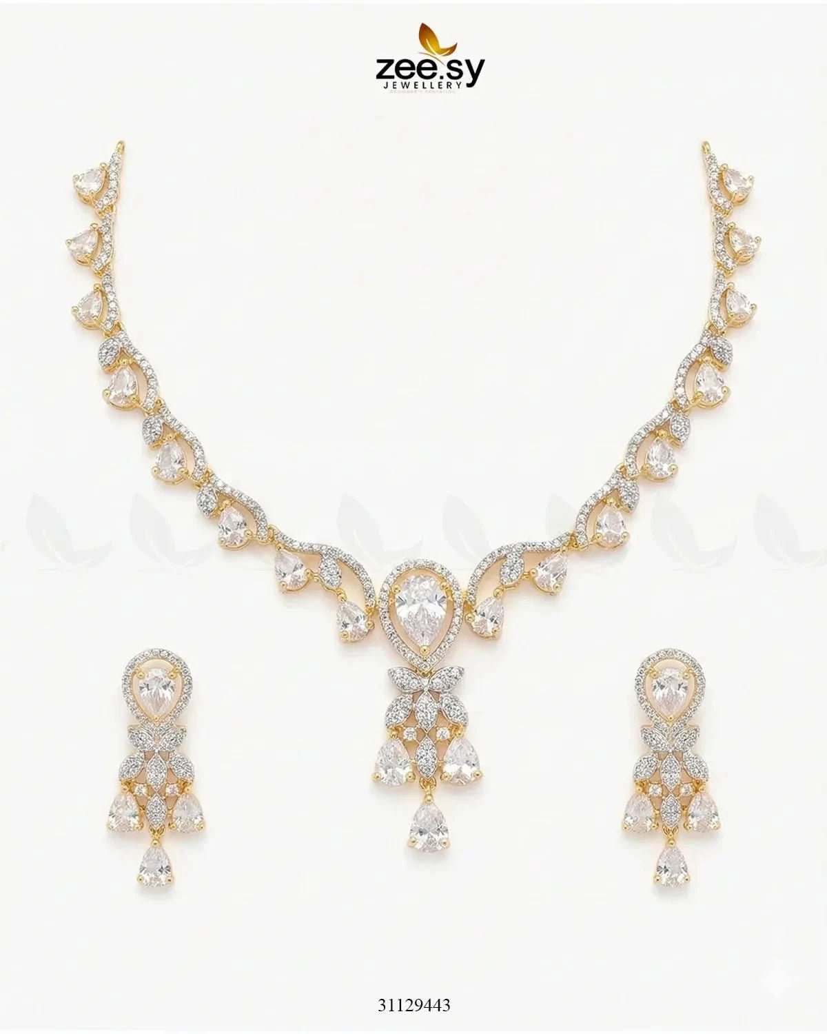 Golden Radiant Drop Necklace Set Golden White Necklace Sets - Zeesy Jewellery Pakistan | Premium Artificial & Imitation Jewellery