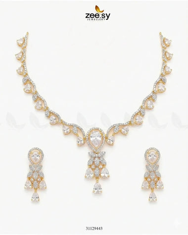 Golden Radiant Drop Necklace Set Golden White Necklace Sets - Zeesy Jewellery Pakistan | Premium Artificial & Imitation Jewellery