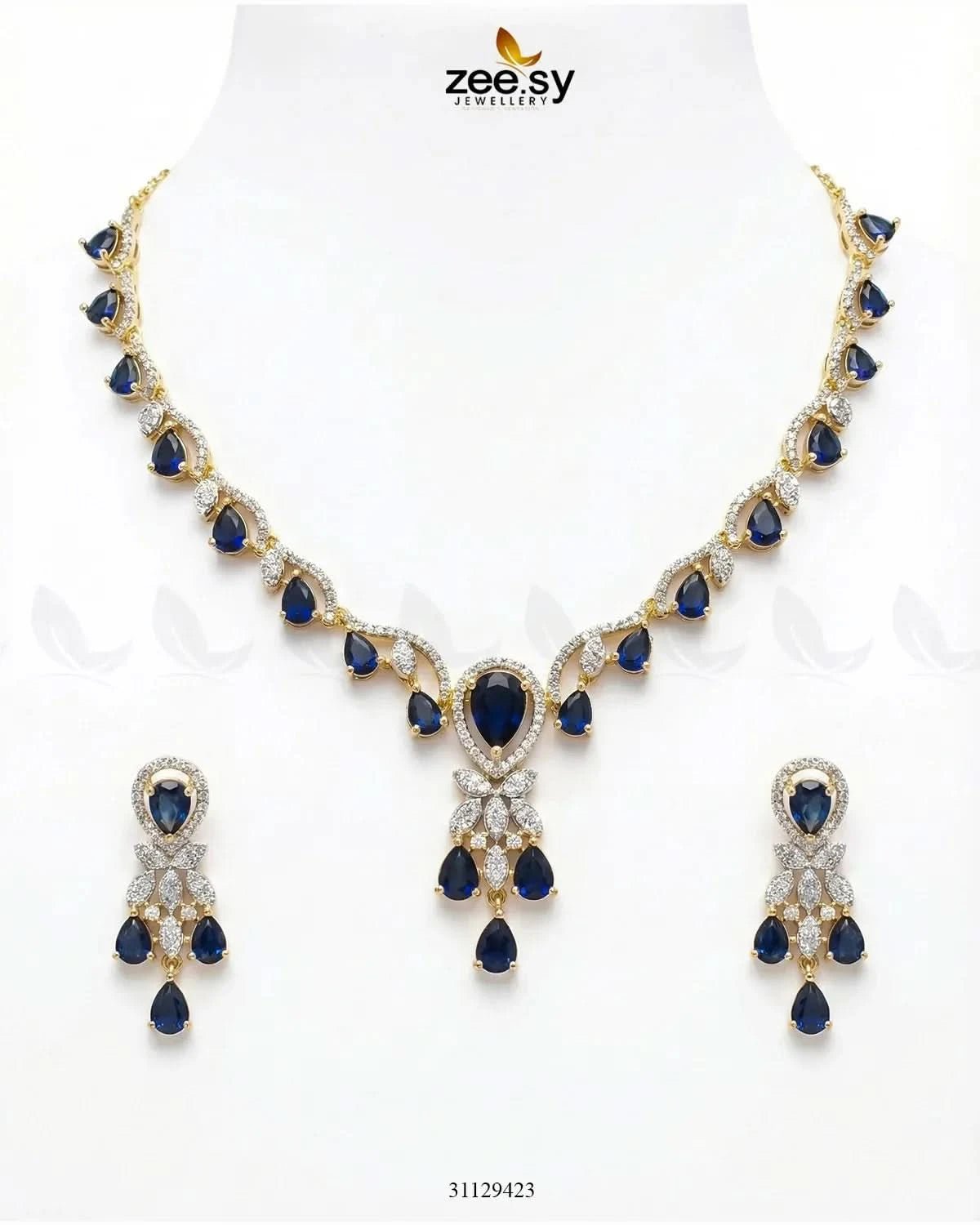 Golden Radiant Drop Necklace Set Golden Blue Necklace Sets - Zeesy Jewellery Pakistan | Premium Artificial & Imitation Jewellery