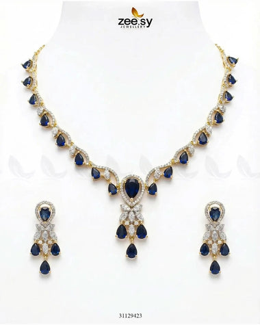 Golden Radiant Drop Necklace Set Golden Blue Necklace Sets - Zeesy Jewellery Pakistan | Premium Artificial & Imitation Jewellery