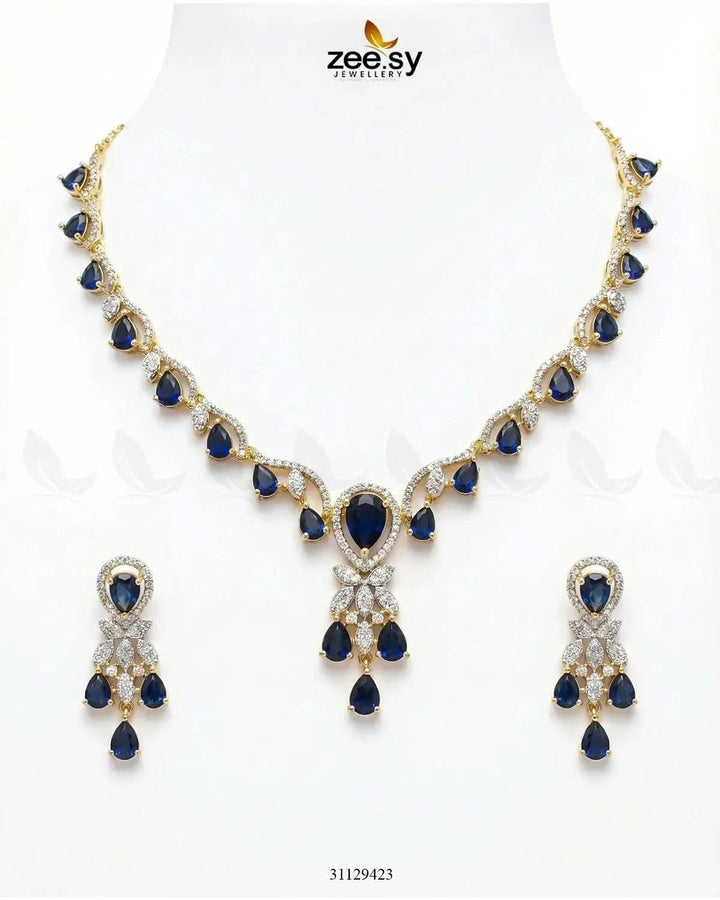 Golden Radiant Drop Necklace Set Golden Blue Necklace Sets - Zeesy Jewellery Pakistan | Premium Artificial & Imitation Jewellery