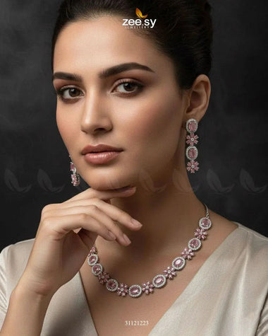 Regal Diamond Flower Necklace Set Silver Mint Pink Necklace Sets - Zeesy Jewellery Pakistan | Premium Artificial & Imitation Jewellery