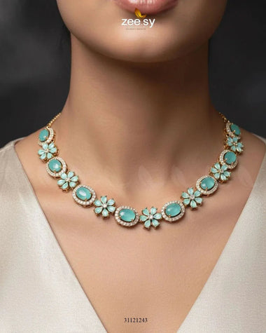 Regal Diamond Flower Necklace Set Golden Mint Green Necklace Sets - Zeesy Jewellery Pakistan | Premium Artificial & Imitation Jewellery