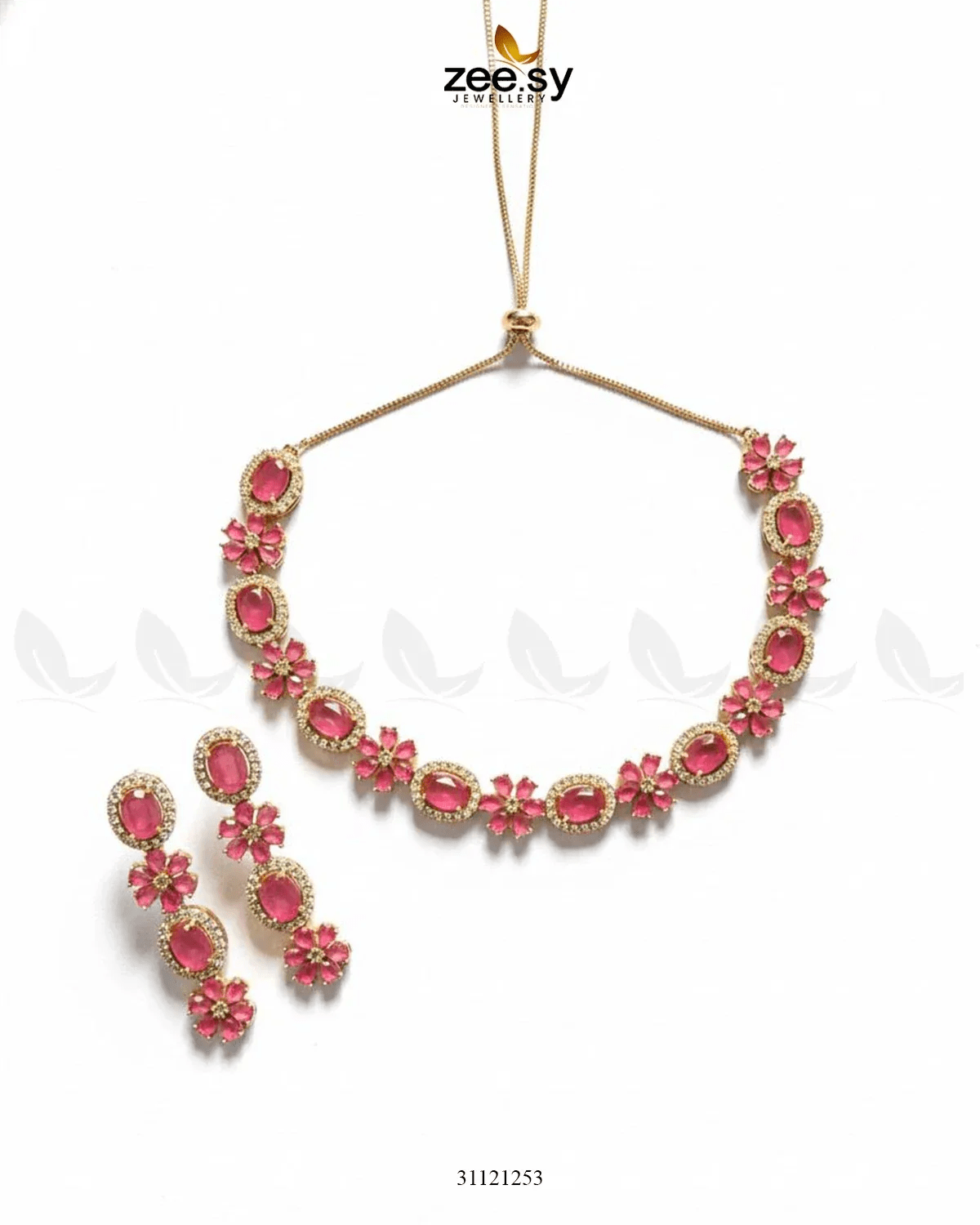 Regal Diamond Flower Necklace Set Golden Ruby Necklace Sets - Zeesy Jewellery Pakistan | Premium Artificial & Imitation Jewellery
