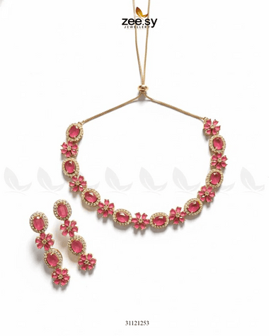Regal Diamond Flower Necklace Set Golden Ruby Necklace Sets - Zeesy Jewellery Pakistan | Premium Artificial & Imitation Jewellery