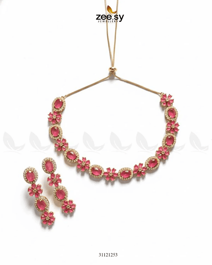 Regal Diamond Flower Necklace Set Golden Ruby Necklace Sets - Zeesy Jewellery Pakistan | Premium Artificial & Imitation Jewellery