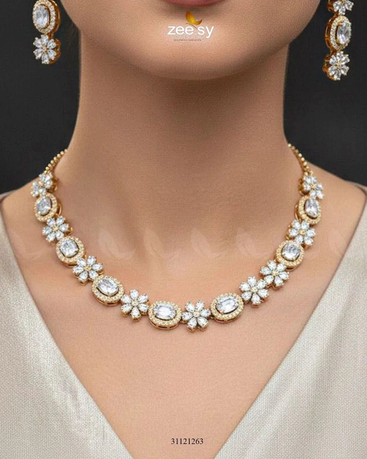Regal Diamond Flower Necklace Set Necklace Sets - Zeesy Jewellery Pakistan | Premium Artificial & Imitation Jewellery