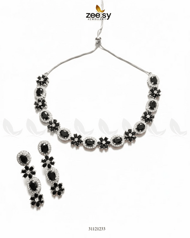 Regal Diamond Flower Necklace Set Silver Black Necklace Sets - Zeesy Jewellery Pakistan | Premium Artificial & Imitation Jewellery