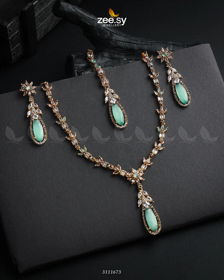 Saba Qamar Necklace Sets Golden Mint Green Necklace Sets - Zeesy Jewellery Pakistan | Premium Artificial & Imitation Jewellery