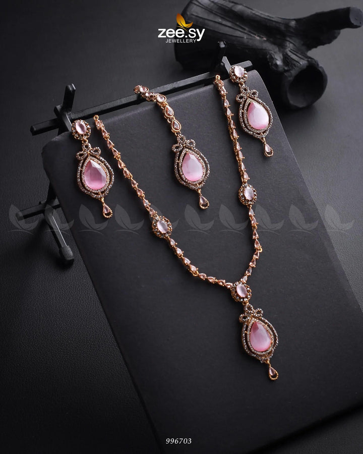 Syra Yousuf Necklace Set Golden Mint Pink Necklace Sets - Zeesy Jewellery Pakistan | Premium Artificial & Imitation Jewellery