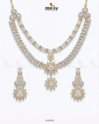 Winter Leaf Crystal Necklace Set Golden Necklace Sets - Zeesy Jewellery Pakistan | Premium Artificial & Imitation Jewellery