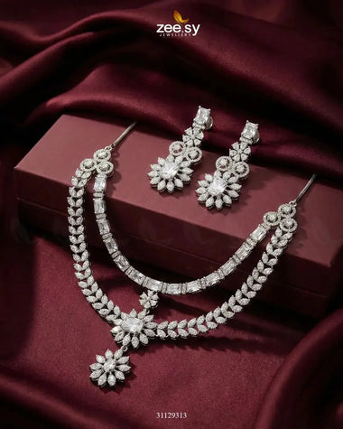 Winter Leaf Crystal Necklace Set Silver Necklace Sets - Zeesy Jewellery Pakistan | Premium Artificial & Imitation Jewellery