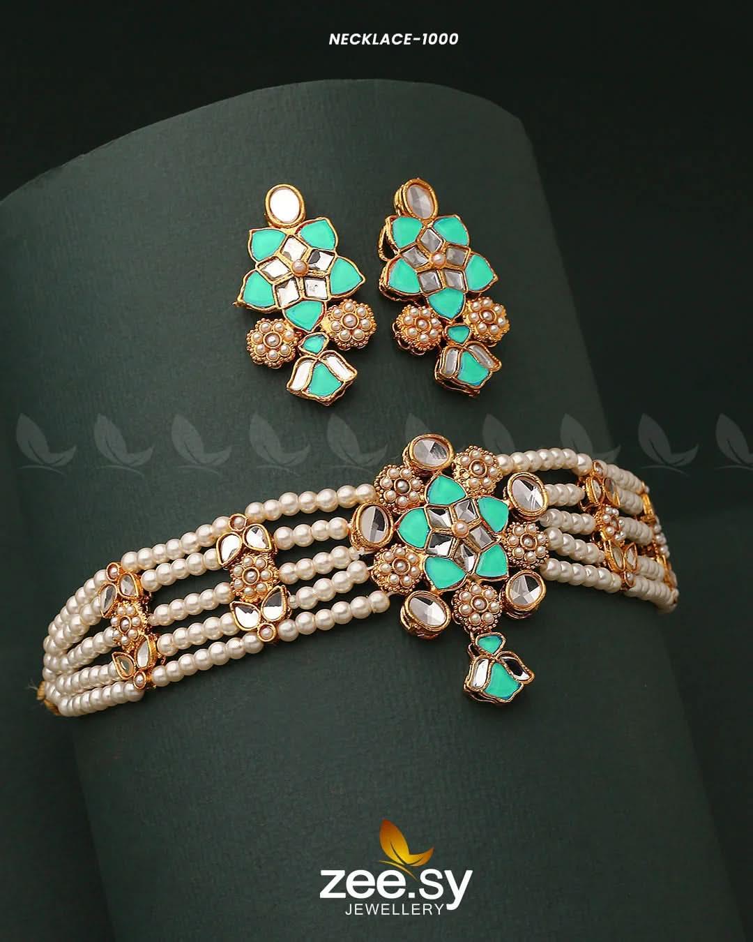 NECKLACE-1000 Mint Green Necklace Sets - Zeesy Jewellery Pakistan | Premium Artificial & Imitation Jewellery