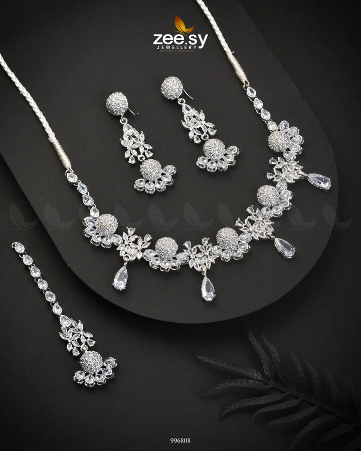 Achimenes Necklace Set Silver White Necklace Sets - Zeesy Jewellery Pakistan | Premium Artificial & Imitation Jewellery