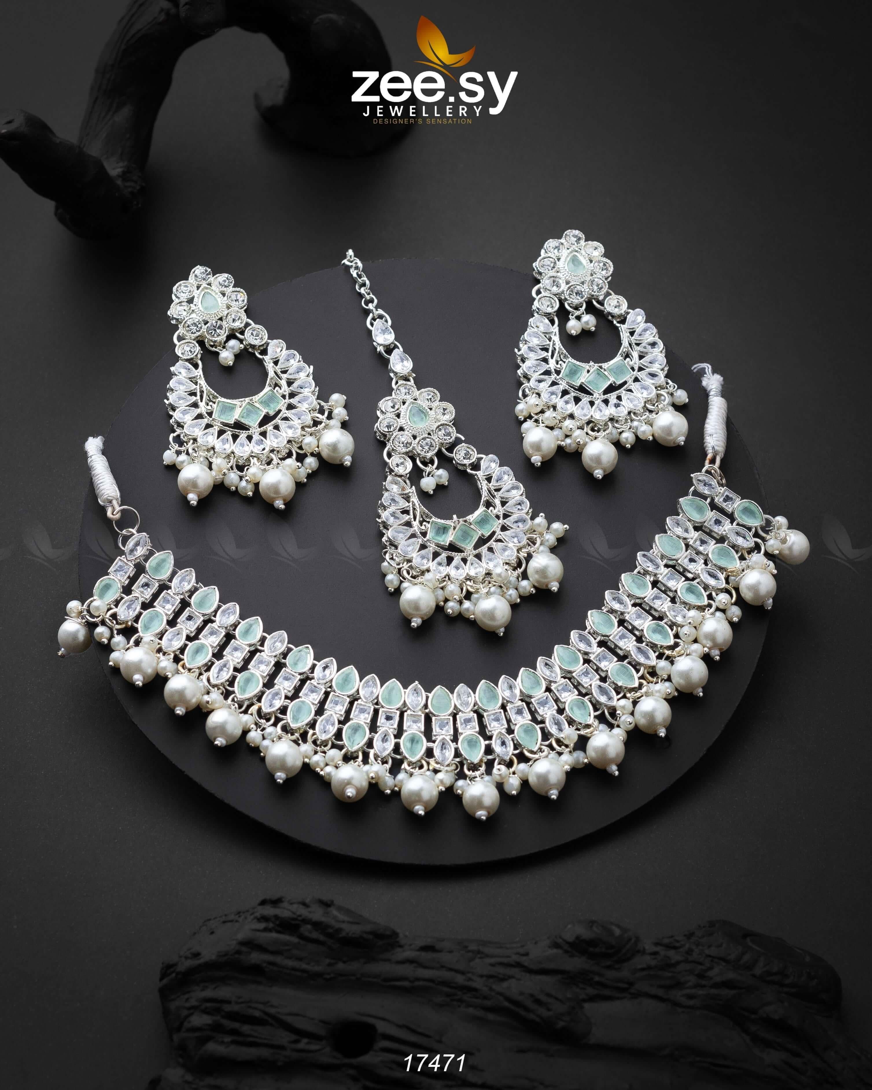 Elisa Silver Necklace Mint Green Necklace Sets - Zeesy Jewellery Pakistan