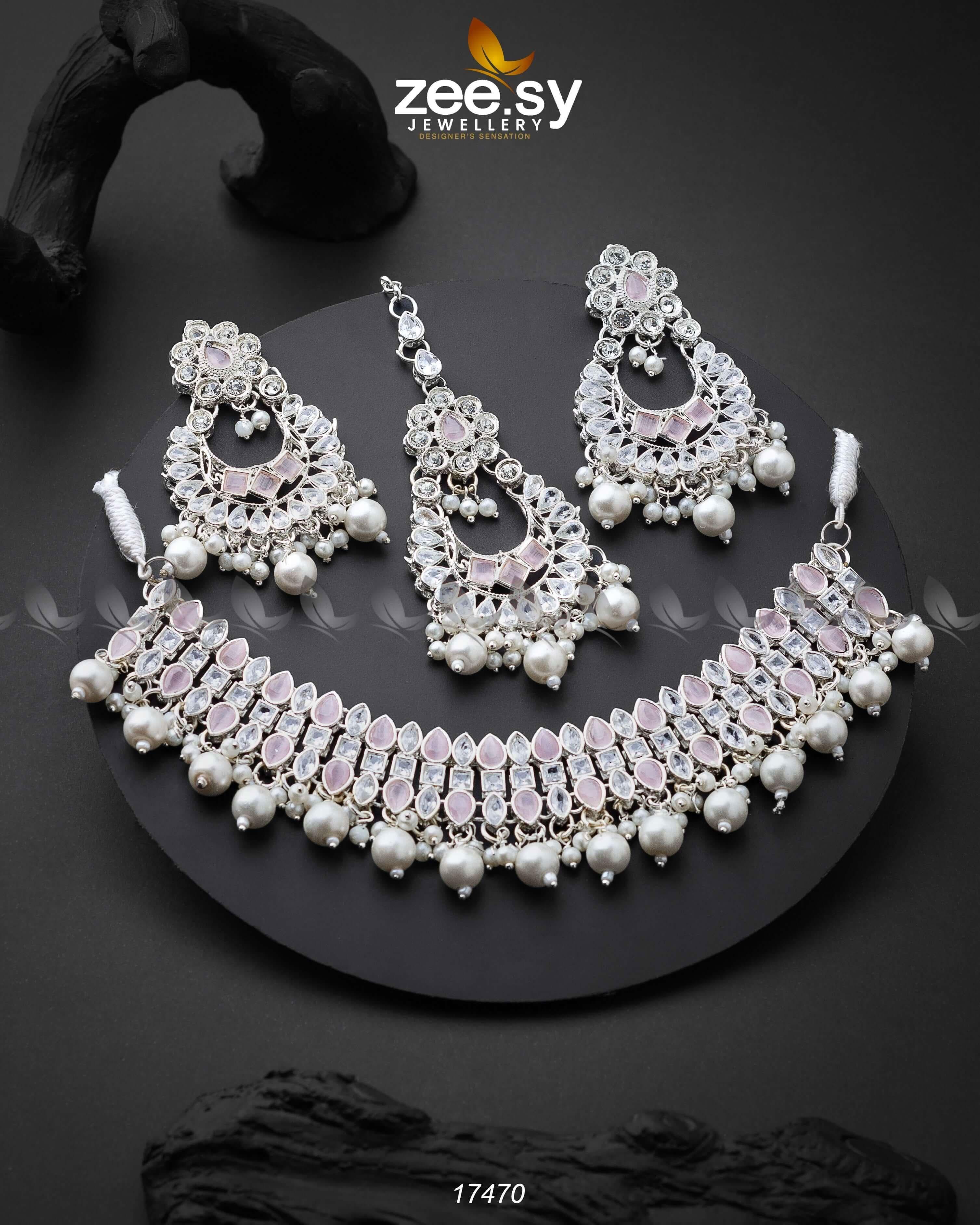 Elisa Silver Necklace Mint Pink Necklace Sets - Zeesy Jewellery Pakistan