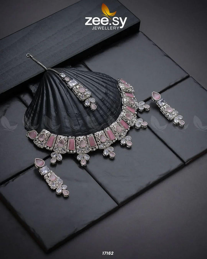 Gemstone Enchantment Necklace Silver pink Necklace Sets - Zeesy Jewellery Pakistan | Premium Artificial & Imitation Jewellery