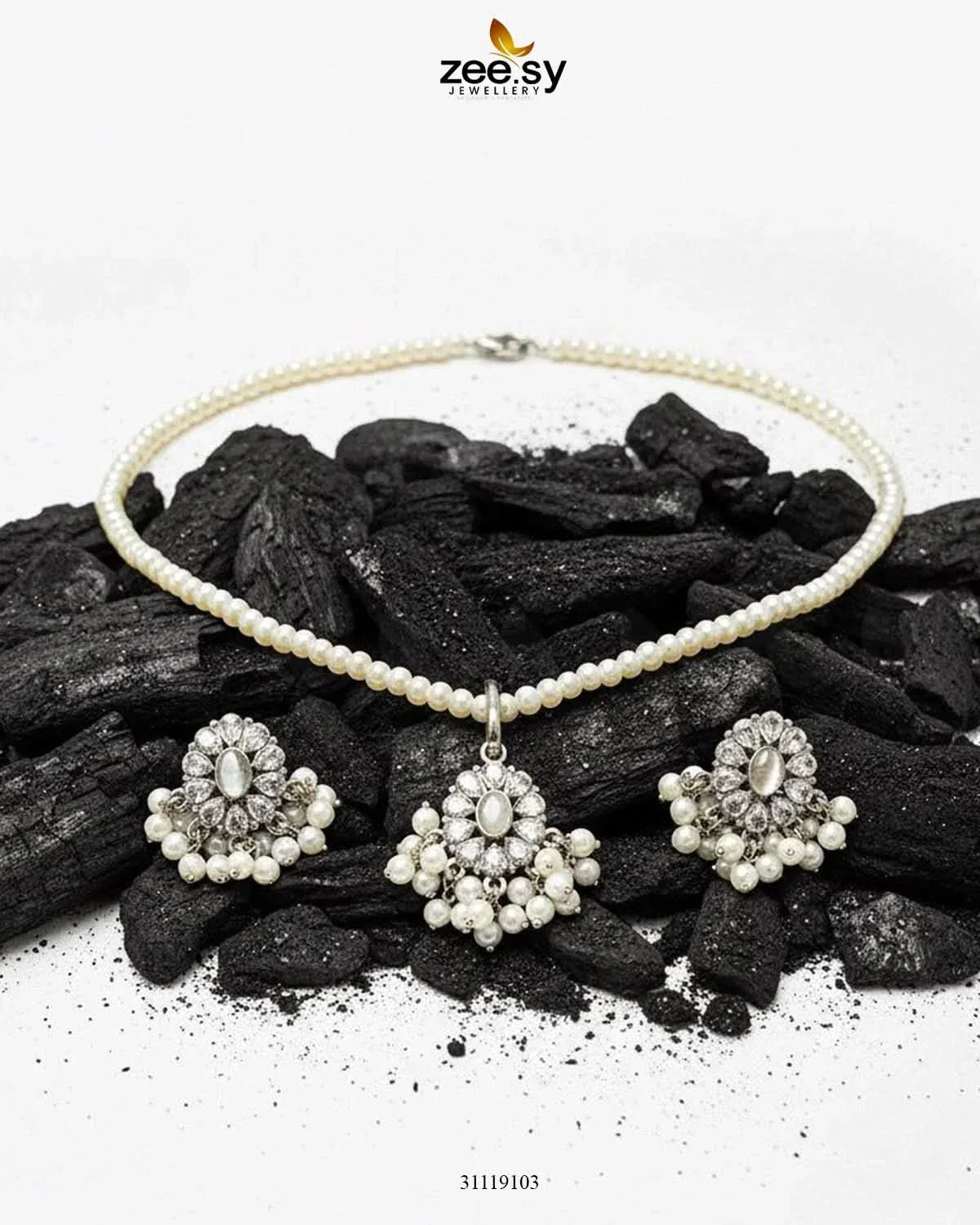 Estuary Petite Floral Necklace Set Silver White Necklace Sets - Zeesy Jewellery Pakistan | Premium Artificial & Imitation Jewellery