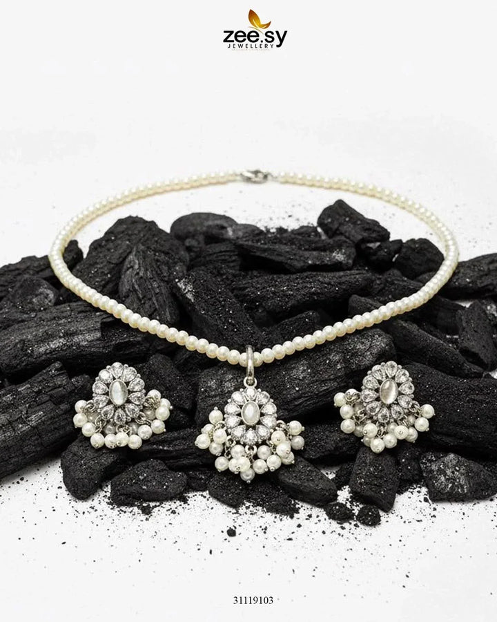 Estuary Petite Floral Necklace Set Silver White Necklace Sets - Zeesy Jewellery Pakistan | Premium Artificial & Imitation Jewellery