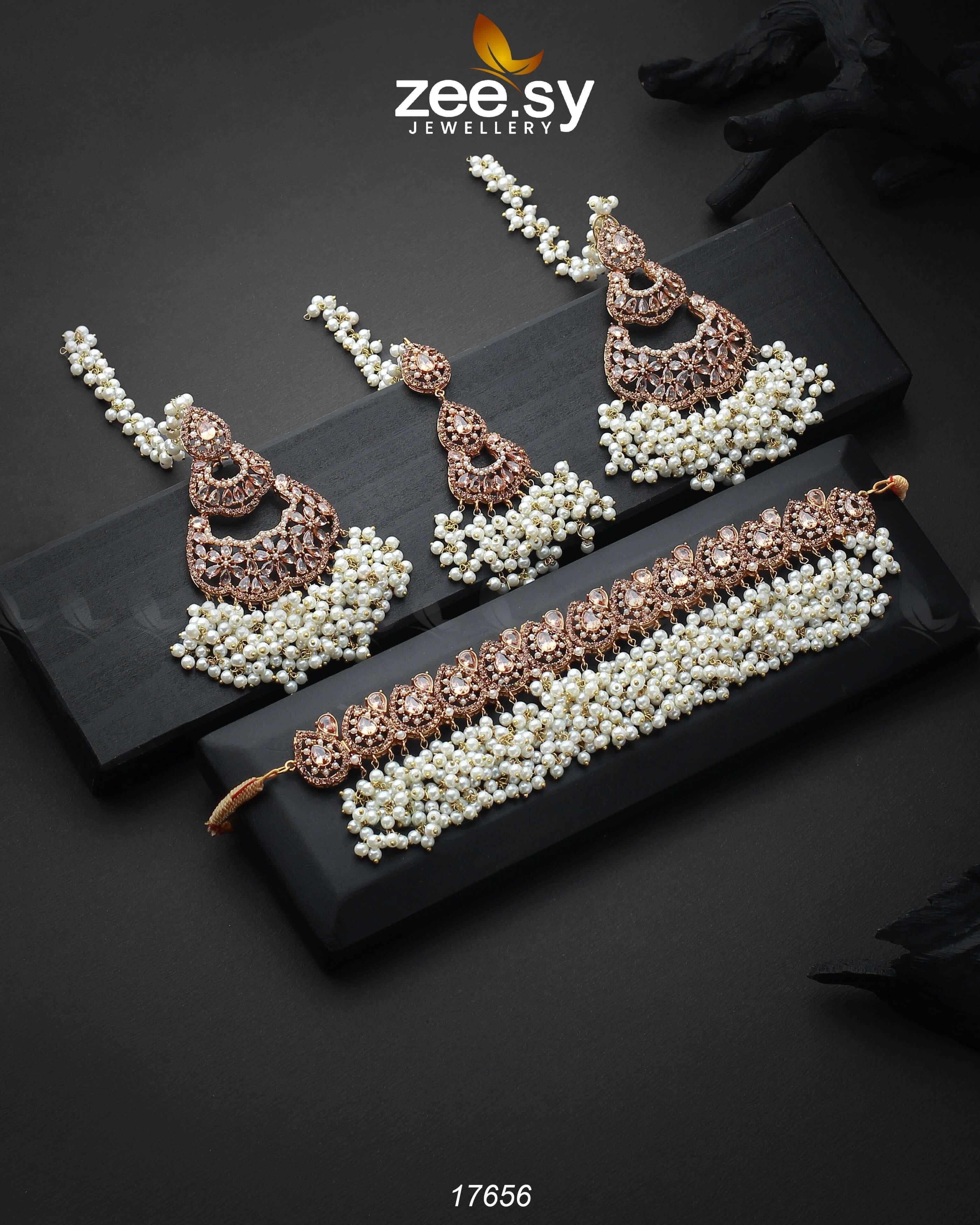 Amaira Chokar Necklace Set Champagne Necklace Sets - Zeesy Jewellery Pakistan