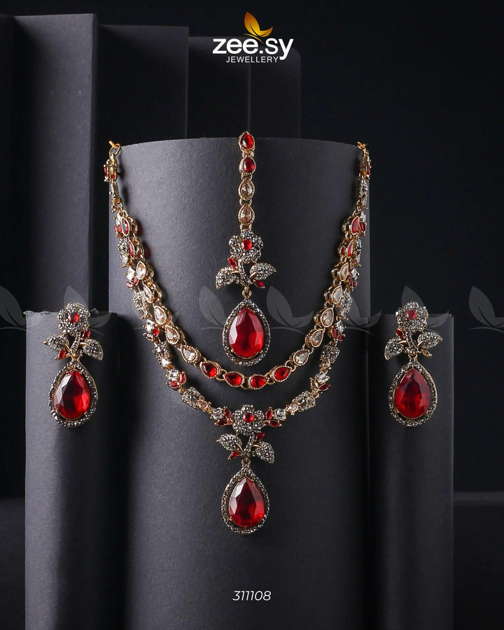 Eldria Cut Stone Necklace Set Red Necklace Sets - Zeesy Jewellery Pakistan | Premium Artificial & Imitation Jewellery