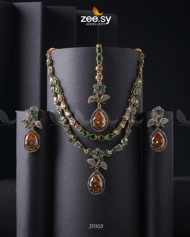 Eldria Cut Stone Necklace Set Champagne & Green Necklace Sets - Zeesy Jewellery Pakistan | Premium Artificial & Imitation Jewellery