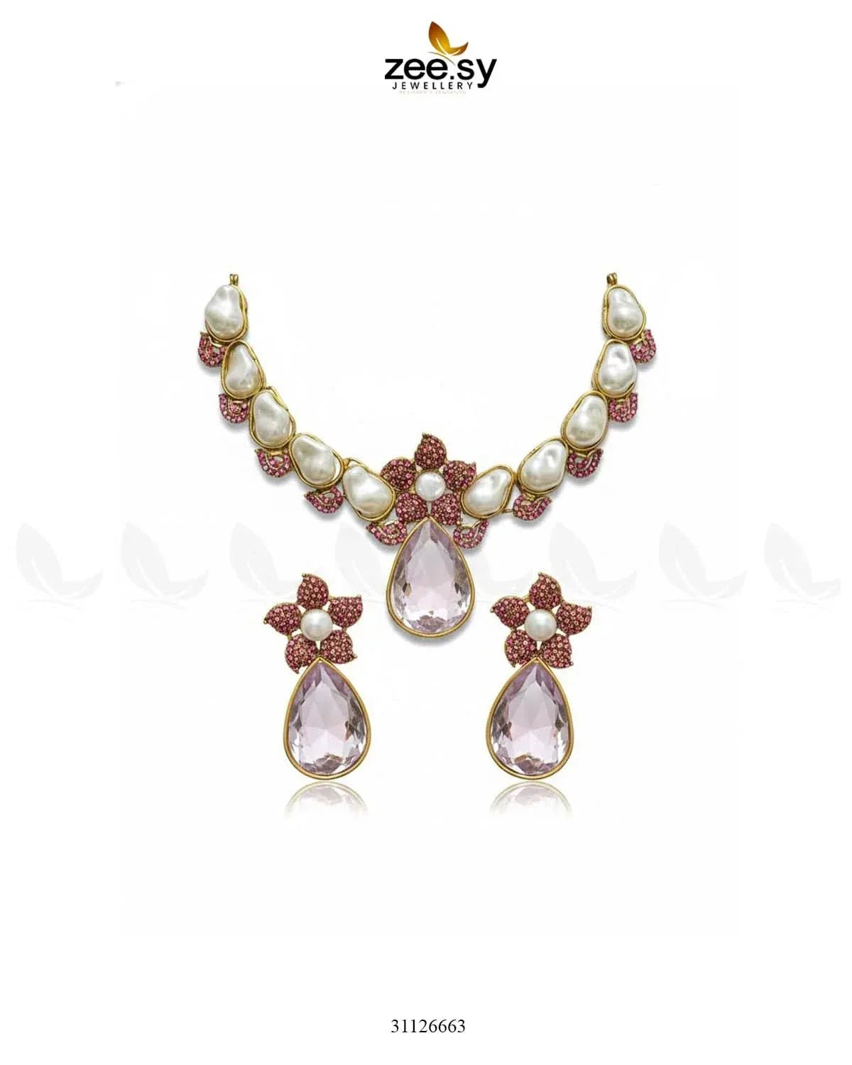 Oceanic Baroque Teardrop Necklace Set Mint Pink Necklace Sets - Zeesy Jewellery Pakistan | Premium Artificial & Imitation Jewellery