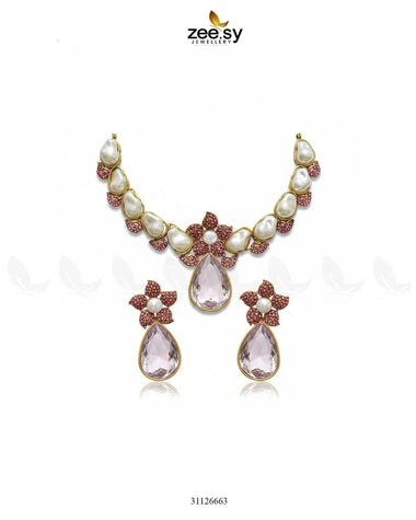Oceanic Baroque Teardrop Necklace Set Mint Pink Necklace Sets - Zeesy Jewellery Pakistan | Premium Artificial & Imitation Jewellery