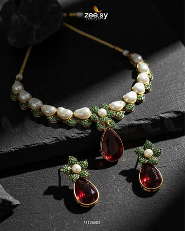 Oceanic Baroque Teardrop Necklace Set Red and Green Necklace Sets - Zeesy Jewellery Pakistan | Premium Artificial & Imitation Jewellery