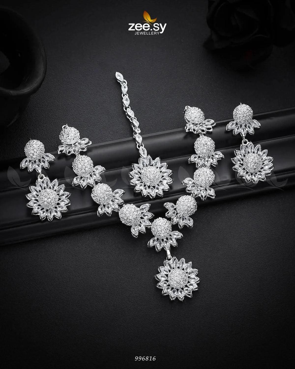 Aquilegia Necklace Set Silver White Necklace Sets - Zeesy Jewellery Pakistan | Premium Artificial & Imitation Jewellery