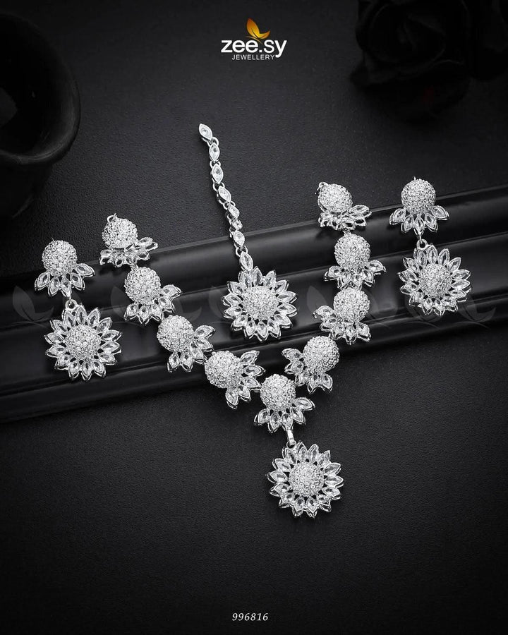 Aquilegia Necklace Set Silver White Necklace Sets - Zeesy Jewellery Pakistan | Premium Artificial & Imitation Jewellery