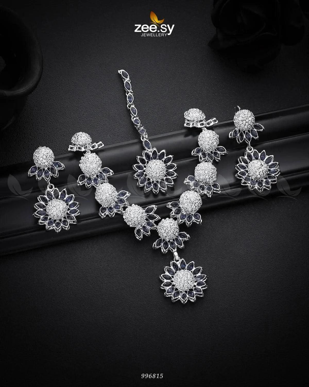 Aquilegia Necklace Set Silver Blue Necklace Sets - Zeesy Jewellery Pakistan | Premium Artificial & Imitation Jewellery