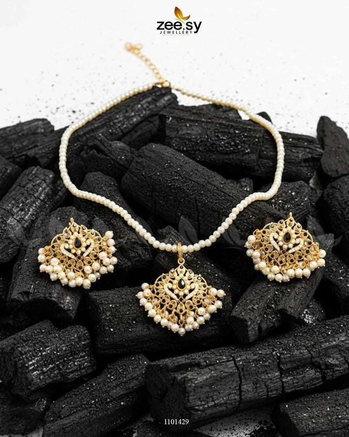 NECKLACE-0197 Majesty Pearlcrest Necklace Set Black Necklace Sets - Zeesy Jewellery Pakistan | Premium Artificial & Imitation Jewellery