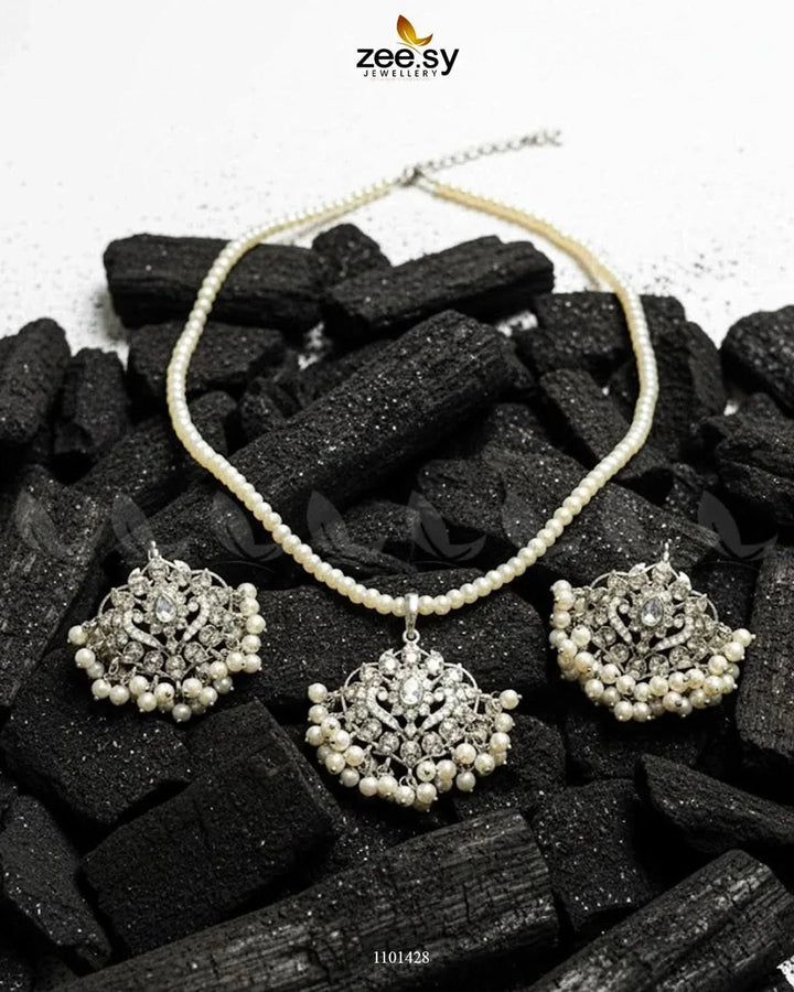 NECKLACE-0197 Majesty Pearlcrest Necklace Set Silver Necklace Sets - Zeesy Jewellery Pakistan | Premium Artificial & Imitation Jewellery