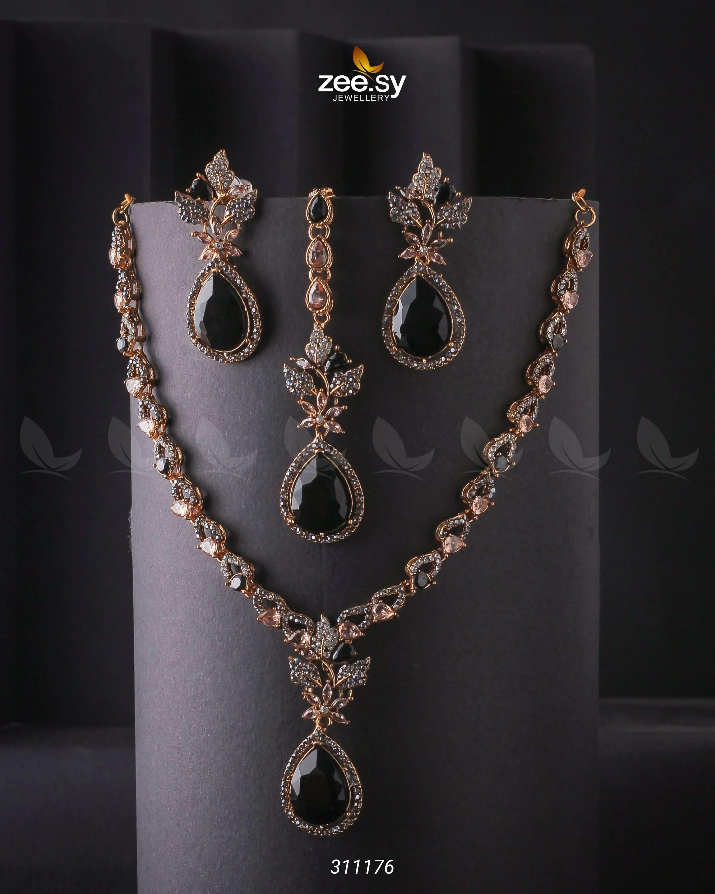 Opal Necklace Set Golden Black Necklace Sets - Zeesy Jewellery Pakistan | Premium Artificial & Imitation Jewellery
