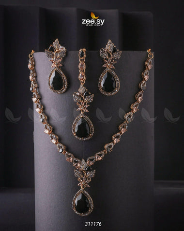 Opal Necklace Set Golden Black Necklace Sets - Zeesy Jewellery Pakistan | Premium Artificial & Imitation Jewellery