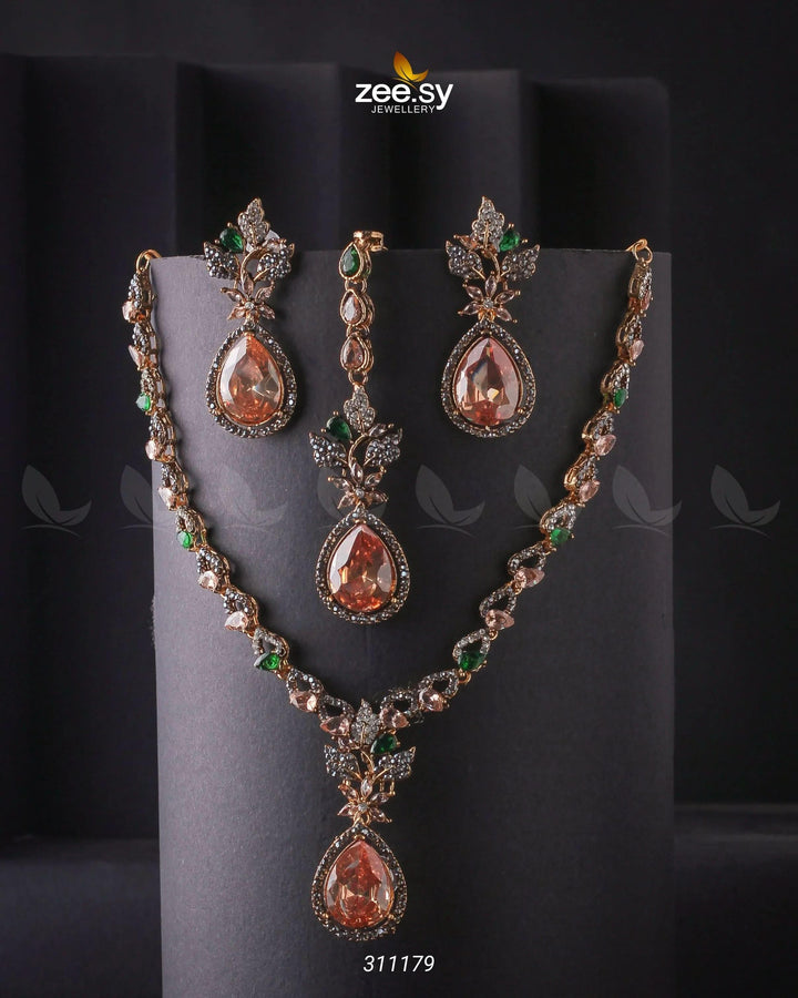 Opal Necklace Set Champagne & Green Necklace Sets - Zeesy Jewellery Pakistan | Premium Artificial & Imitation Jewellery