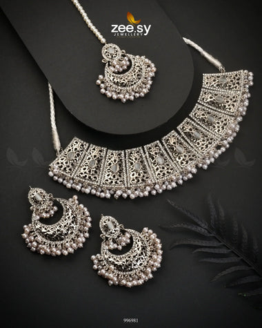 Ornamented Necklace Set Silver White Necklace Sets - Zeesy Jewellery Pakistan | Premium Artificial & Imitation Jewellery