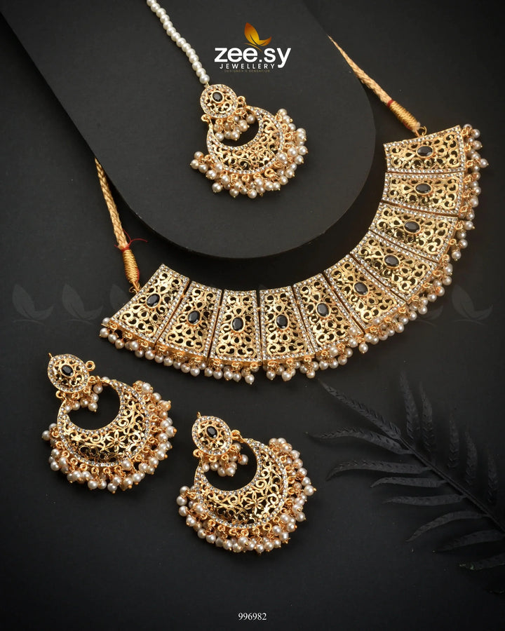 Ornamented Necklace Set Golden Black Necklace Sets - Zeesy Jewellery Pakistan | Premium Artificial & Imitation Jewellery