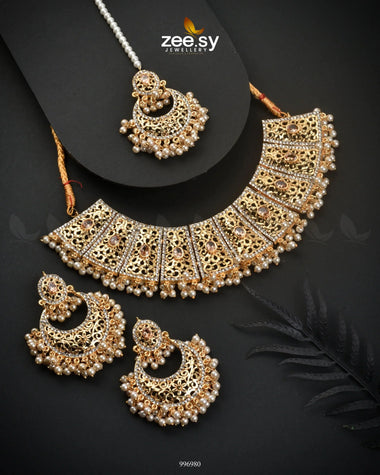 Ornamented Necklace Set Champagne Necklace Sets - Zeesy Jewellery Pakistan | Premium Artificial & Imitation Jewellery