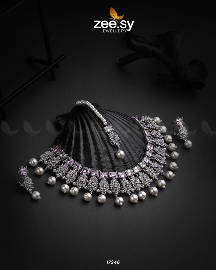 Preeti Necklace Silver Pink Necklace Sets - Zeesy Jewellery Pakistan | Premium Artificial & Imitation Jewellery