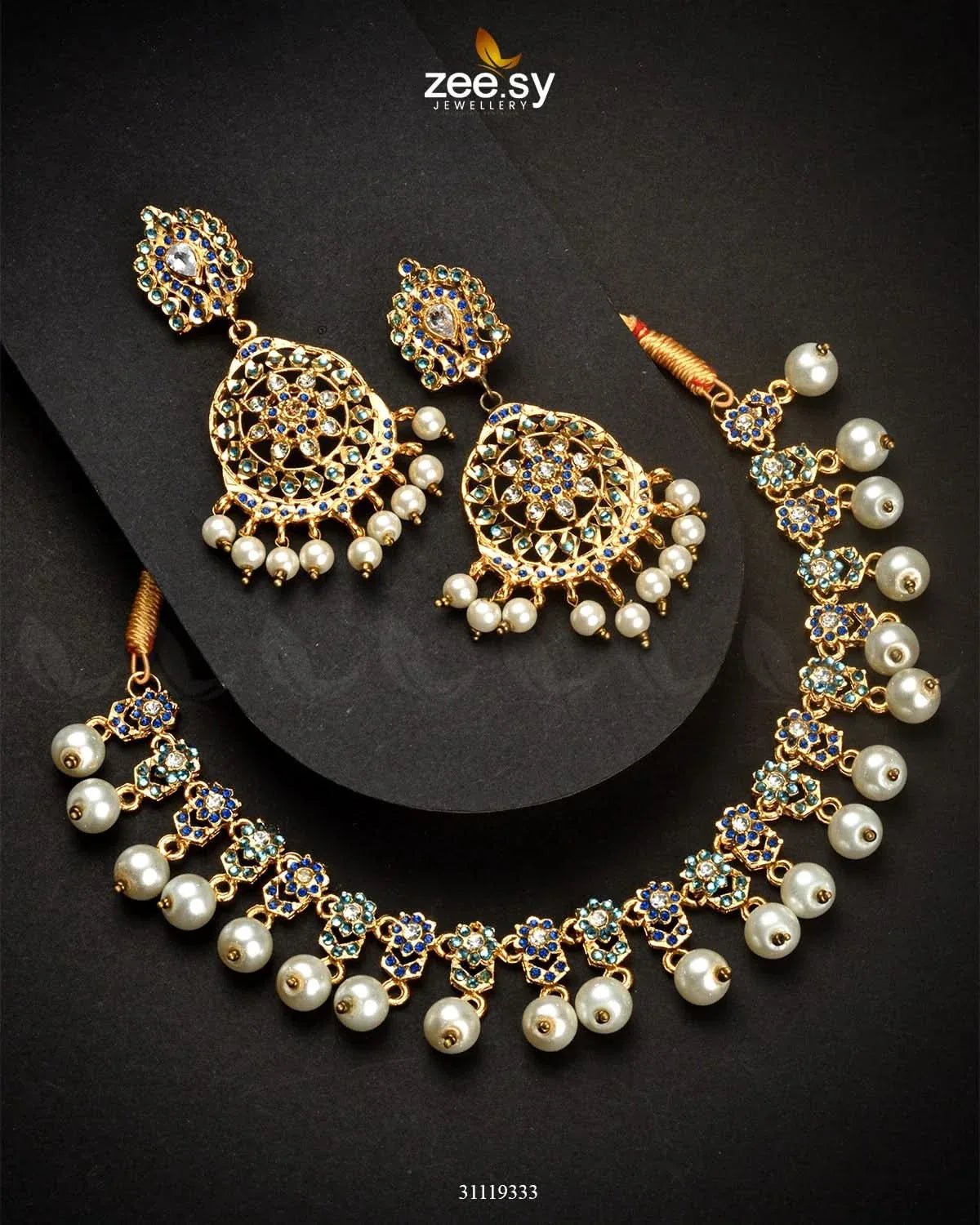 Veiled Necklace Set Sky Blue & Blue Necklace Sets - Zeesy Jewellery Pakistan | Premium Artificial & Imitation Jewellery