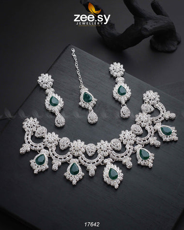 Aether Necklace Silver Green Necklace Sets - Zeesy Jewellery Pakistan | Premium Artificial & Imitation Jewellery