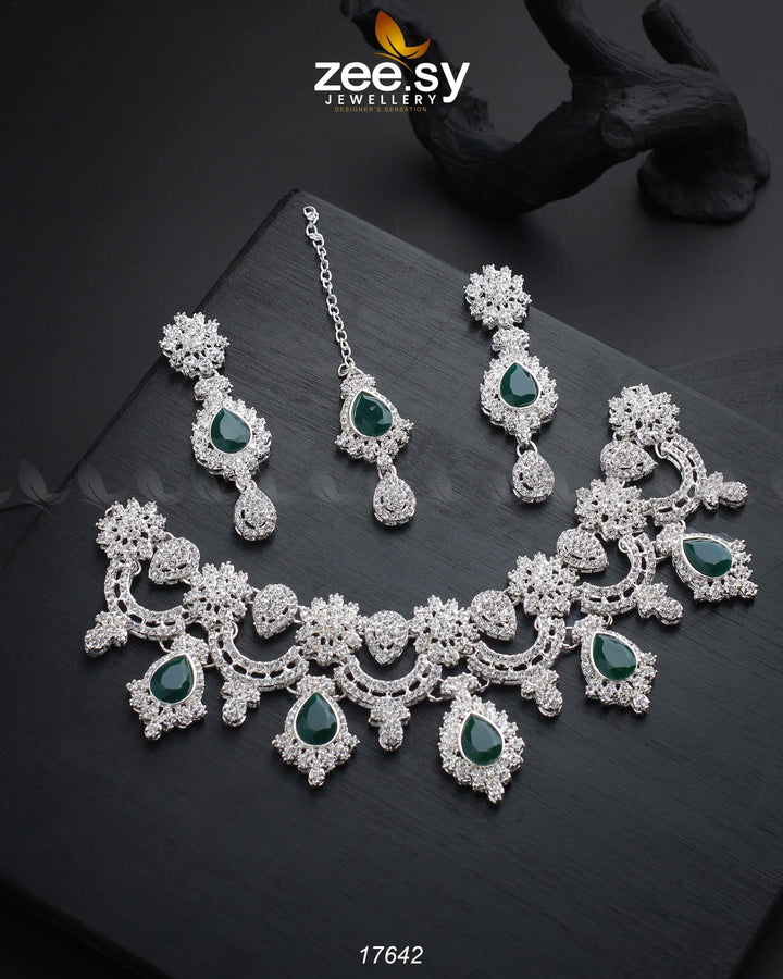 Aether Necklace Silver Green Necklace Sets - Zeesy Jewellery Pakistan | Premium Artificial & Imitation Jewellery