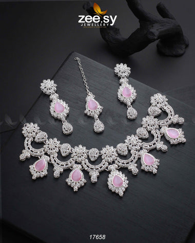 Aether Necklace Silver Pink Necklace Sets - Zeesy Jewellery Pakistan | Premium Artificial & Imitation Jewellery
