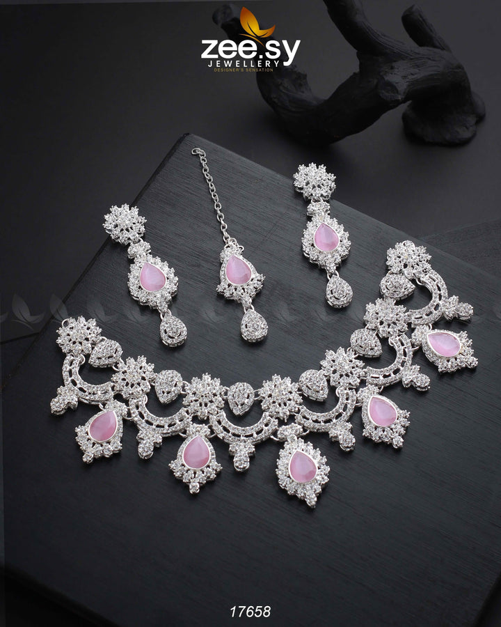 Aether Necklace Silver Pink Necklace Sets - Zeesy Jewellery Pakistan | Premium Artificial & Imitation Jewellery