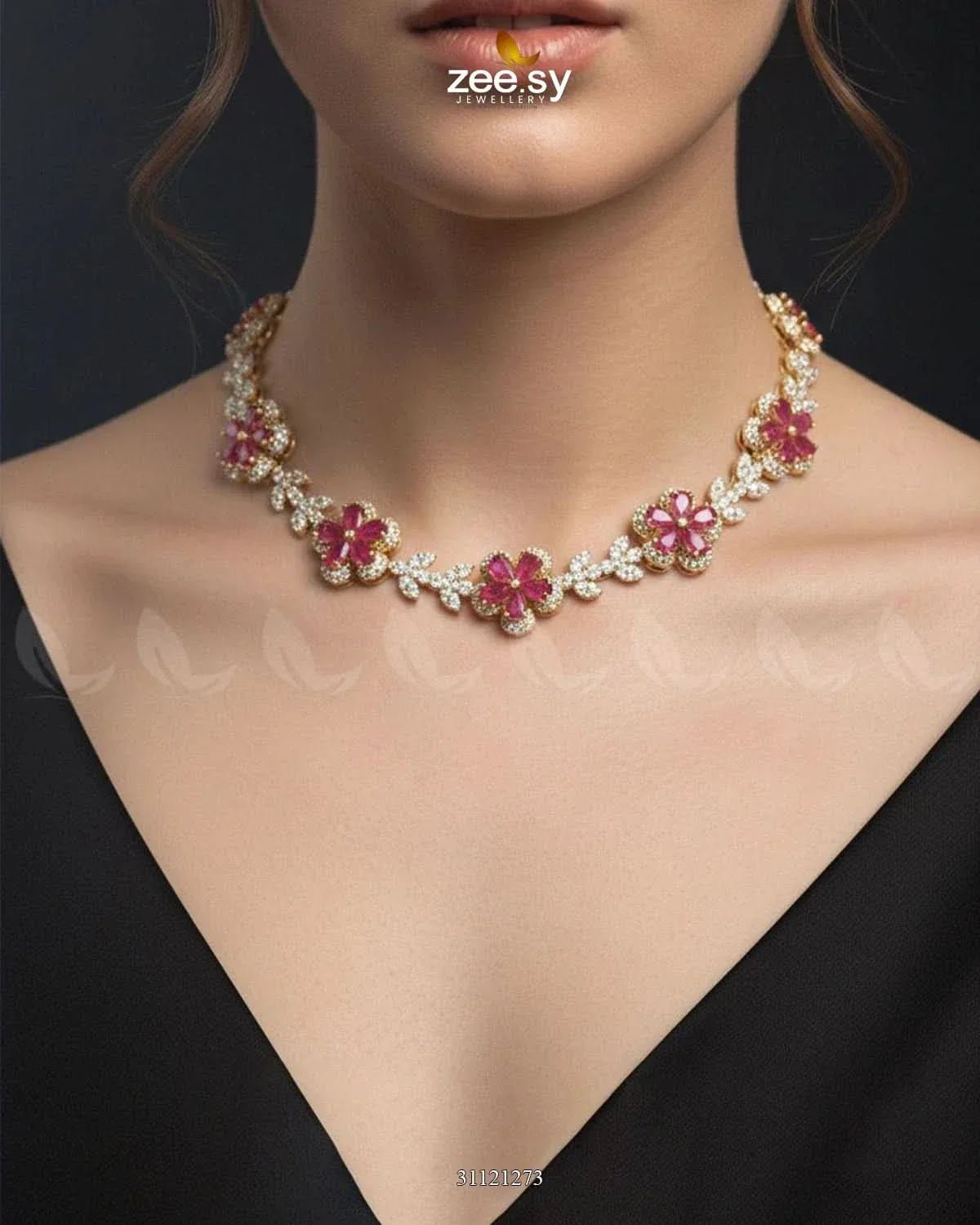 Floral Cubic Stone Necklace Set Golden Red Necklace Sets - Zeesy Jewellery Pakistan | Premium Artificial & Imitation Jewellery