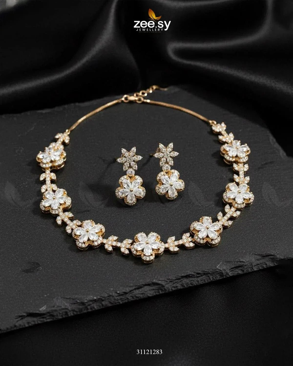 Floral Cubic Stone Necklace Set Golden white Necklace Sets - Zeesy Jewellery Pakistan | Premium Artificial & Imitation Jewellery