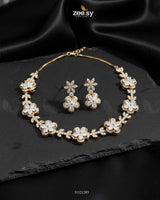 Floral Cubic Stone Necklace Set Golden white Necklace Sets - Zeesy Jewellery Pakistan | Premium Artificial & Imitation Jewellery